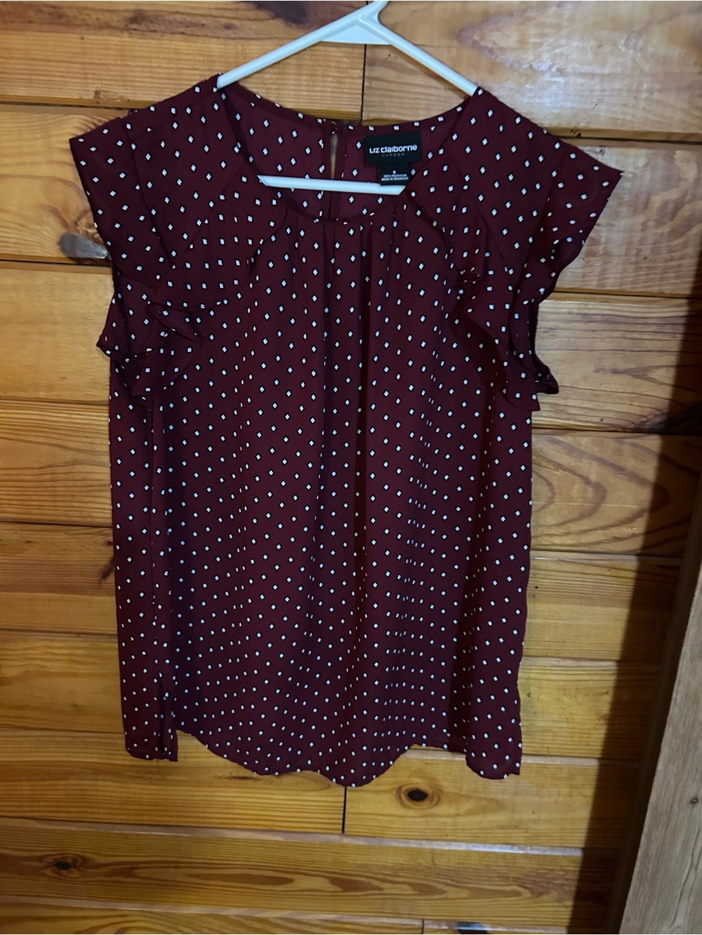 Liz Claiborne Burgundy Dot Flutter Sleeve Blouse